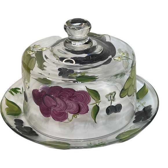 Hand Painted Clear Glass Covered Cheese Butter Dish w/ Grape Pattern - Picture 4 of 10